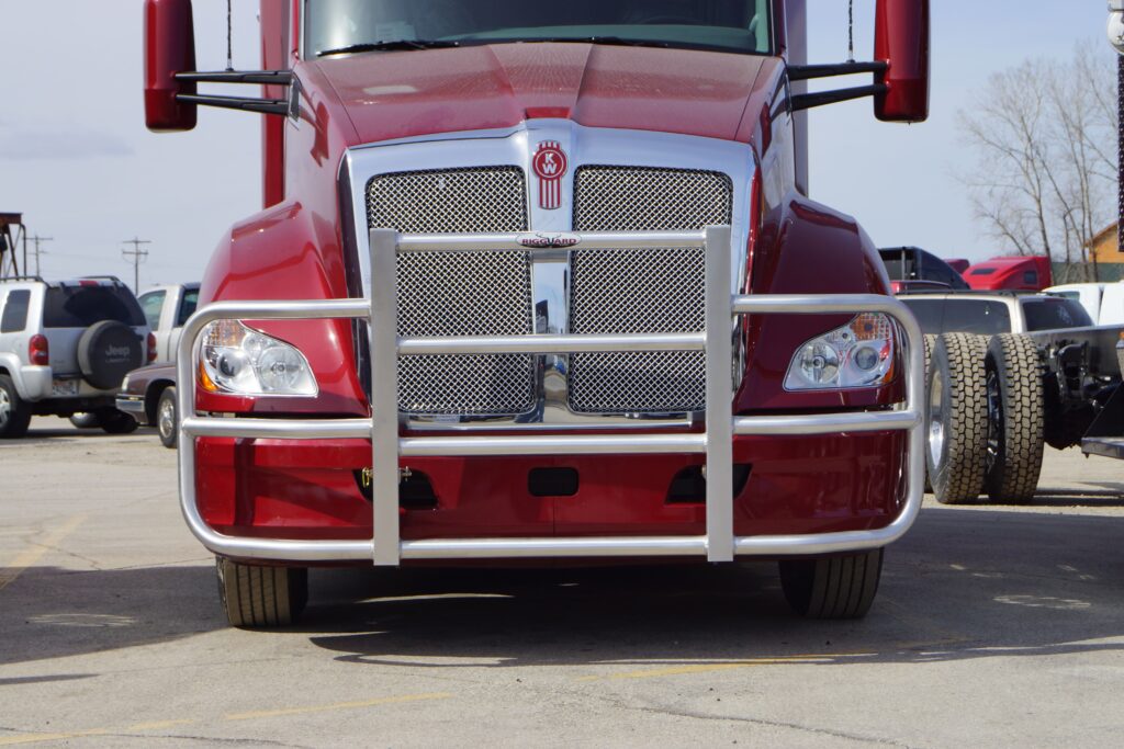 the front of a red truck